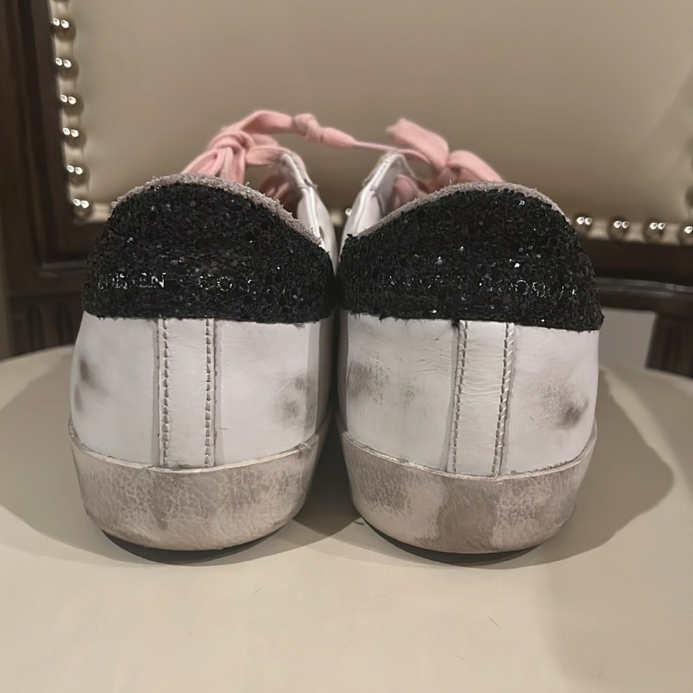 Golden Goose White Sneakers with Pink Laces and Black Heel - Picture 5 of 6